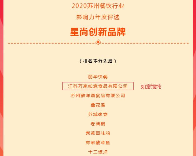 熱烈祝賀如意餛飩榮獲2020蘇州餐飲行業影響力年度評選“星尚創新品牌”
